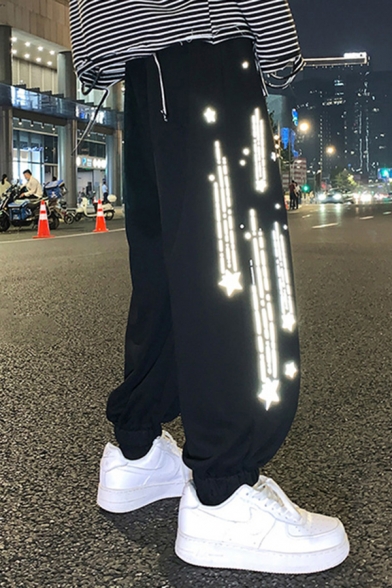 Chic Mens Pants Reflective Falling Star Pattern Thickened Cuffed Drawstring Waist Full Length Relaxed Fit Tapered Sport Pants