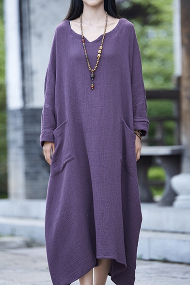 Chinese Style Dress Linen and Cotton Plain Long Sleeve V-neck Longline Oversize Dress for Women