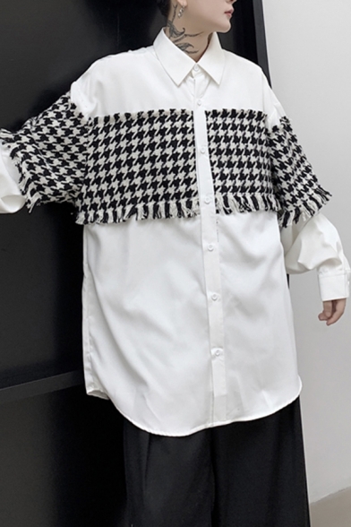 Cool Shirt Patchwork Houndstooth Pattern Button up Curved Hem Long Sleeve Boxy Point Collar Shirt for Men