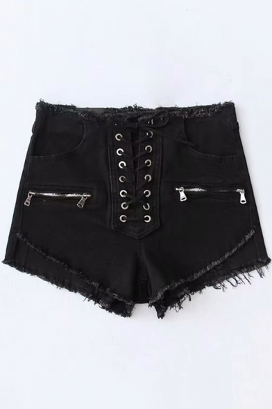 Cool Street Black Low Waist Lace Up Front Tassel Trim Zip Pocket Denim Shorts