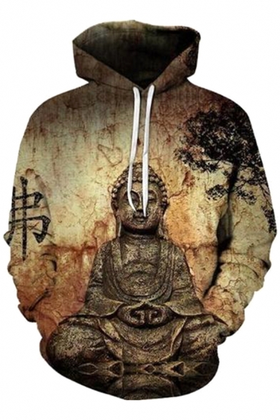 Creative Mens Khaki Long Sleeve Drawstring Chinese Letter Buddha Statue 3D Pattern Relaxed Hoodie with Pocket