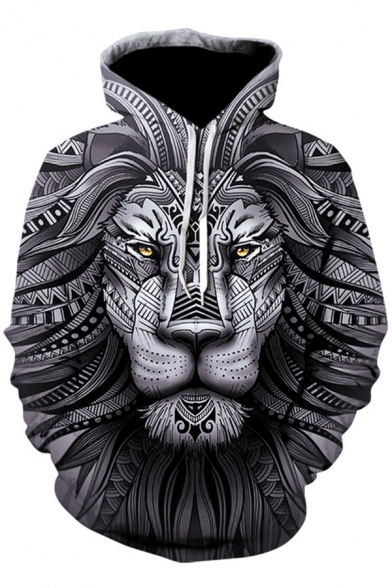 Digital Tribal Lion Printed Long Sleeve Leisure Hoodie