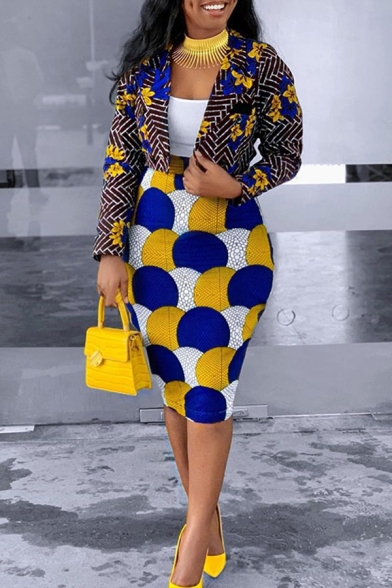 Elegant Womens Set Floral Print Long Sleeve Slim Fit Crop Blazer & Midi Tight Skirt Set in Blue-Yellow