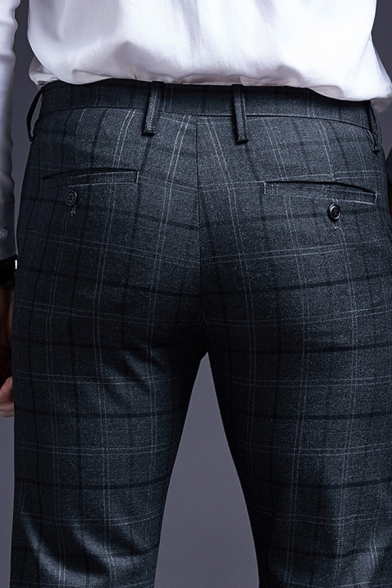 Fancy Men's Pants Plaid Pattern Mid Waist Zip Fly Long Straight Pants