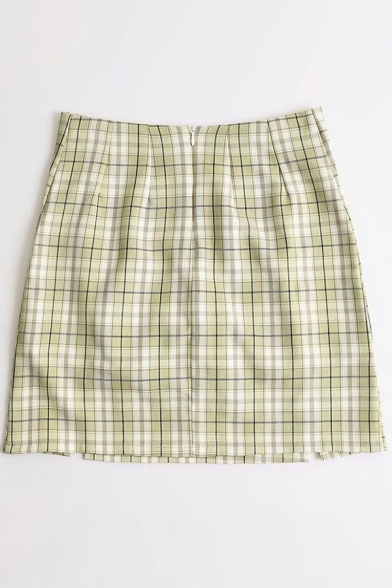 Fancy Women's Skirt Plaid Print Invisible Zip Slit Hem High Waist Mini Skirt