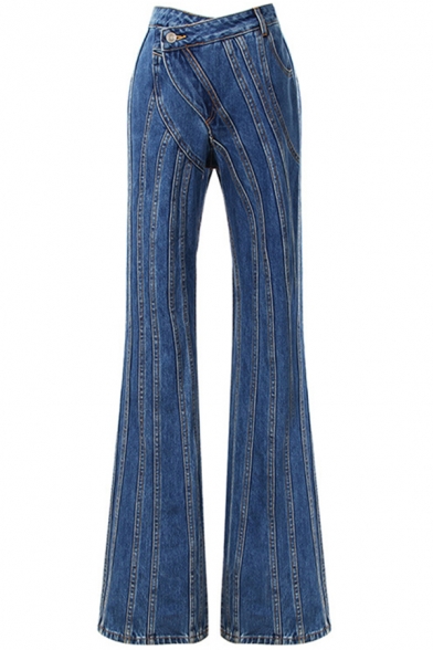Fashion Girls Jeans Ribbed Asymmetric Waist Long Length Flared Jeans in Dark Blue