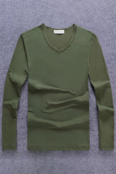 Guys Street Fashion Plain V-Neck Long Sleeve Basic Fitted T-Shirt