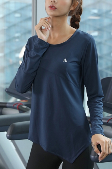 Gym Womens T-Shirt Asymmetric Hem Quick Dry Slim Fit Long Sleeve Crew Neck Yoga Tee Shirt