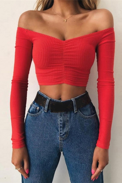 Ladies Sexy T Shirt Solid Color Ribbed Long Sleeve Off the Shoulder Ruched Fit Crop Tee Top