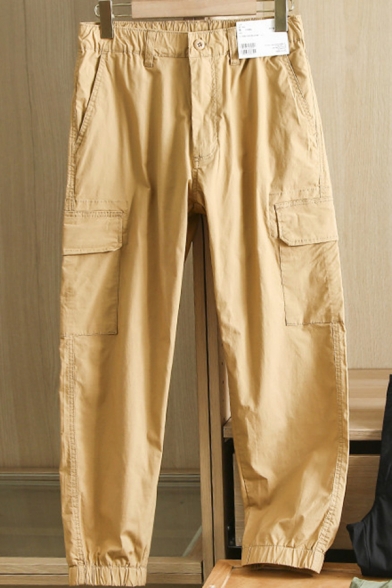 Leisure Mens Pants Elastic Waist Flap Pockets Ankle Length Carrot Fit Solid Cargo Pants