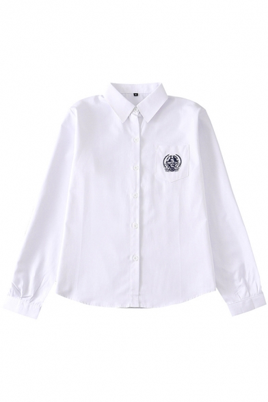 Leisure Women's Shirt Blouse Icon Embroidered Chest Pocket Button Closure Point Collar Long Sleeve Shirt Blouse