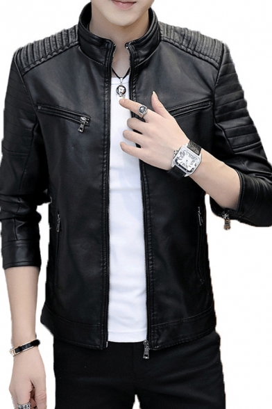 Mens Street Jacket PU Leather Long Sleeve Ribbed Stand Collar Zipper Front Fitted Jacket