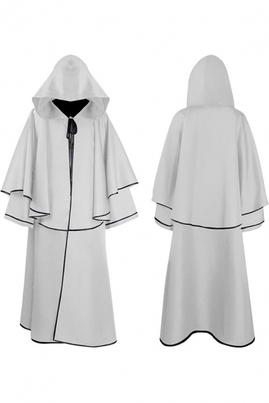 Mens Stylish Cloak Contrast Trim Pleated Full Length Tie Designed Cosplay Long Sleeve Oversize Hooded Cloak