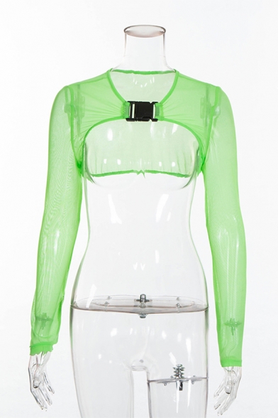 Neon Green Fashion Long Sleeve Crew Neck Buckle Strap Stringy Selvedge Mesh Crop T-Shirt for Party Girls