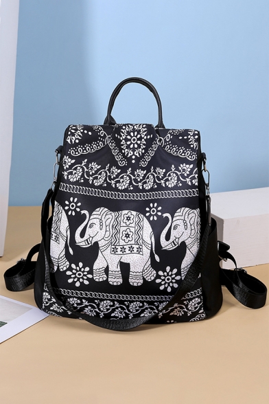 New Collection Floral Elephant Printed Large Capacity Black Shoulder Bag College Backpack 31*15*32 CM