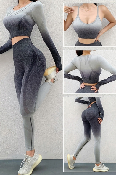 Novelty Womens Three Pieces Ombre Color Seamless High Waist Skinny Fitted Leggings Scoop Neck Cropped Bra Long Sleeve Yoga T-Shirt Set