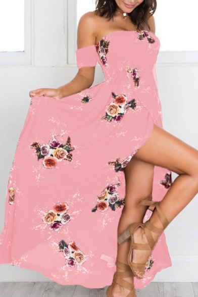Popular Womens Dress Allover Floral Printed Off the Shoulder High Slit Maxi A-line Dress