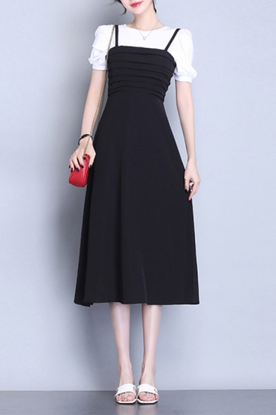 Pretty Ladies Dress Ruched Spaghetti Straps Mid A-line A-line Cami Dress in Black