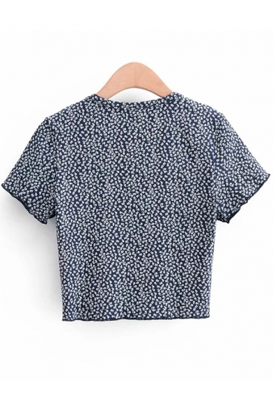 Simple Shirt Ditsy Floral Printed Short Sleeve V-neck Button Up Slim Fit Crop Shirt Top for Girls