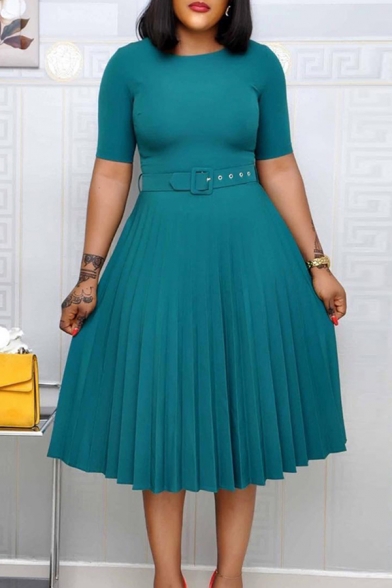 Simple Womens Dress Solid Color Short Sleeve Crew Neck Belted Midi Pleated A-line Dress