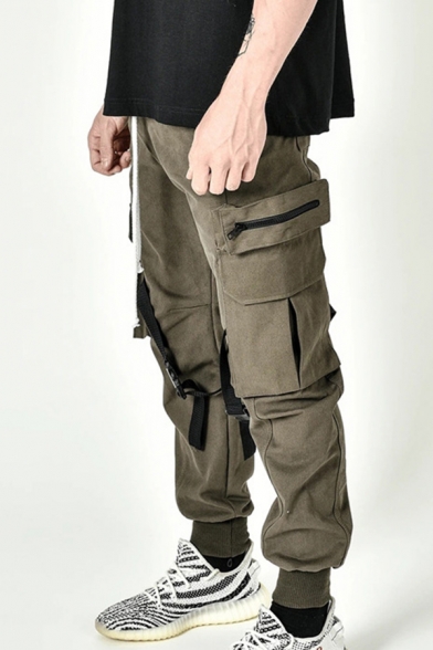 Street Boys Pants Flap Pockets Drawstring Waist Straps Decoration Ankle Relaxed Fit Pants