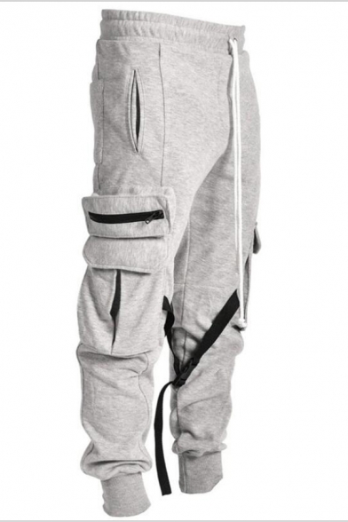 Street Boys Pants Flap Pockets Drawstring Waist Straps Decoration Ankle Relaxed Fit Pants