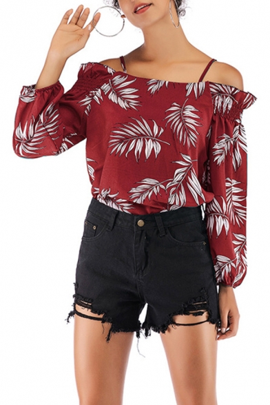 Stylish Womens Blouse Allover Leaf Printed Long Sleeve Cold Shoulder Relaxed Fit Blouse Top