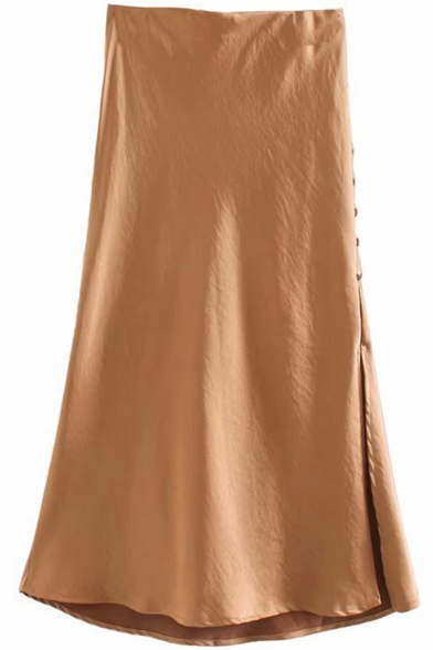 Stylish Womens Skirt Satin Solid Color High Rise Button Side Long A-line Skirt