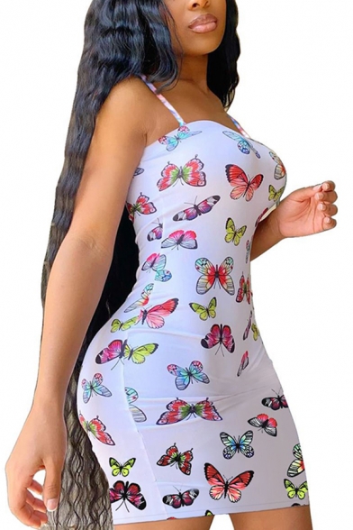 Summer Dress Spaghetti Straps Butterfly All Over Printed Mini Sheath Cami Dress for Women