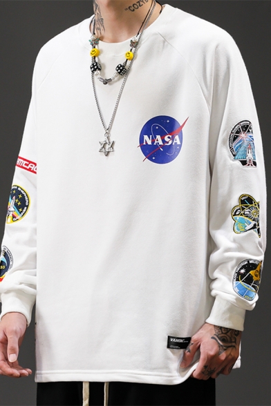 Trendy NASA Logo Embroidery Applique Long Sleeve Round Neck Oversized Loose Sweatshirt