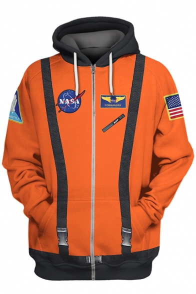 Trendy NASA Logo Printed 3D Buckled Long Sleeve Zip Up Hoodie