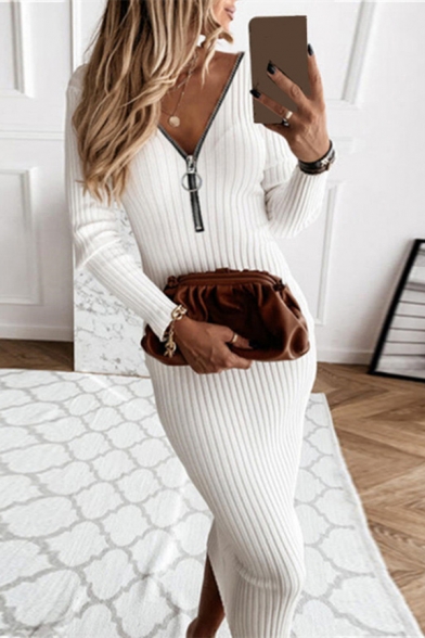 Trendy Women's Bodycon Dress Solid Color Ribbed Knit Zip Front Long Sleeve Slim Fitted Midi Bodycon Dress