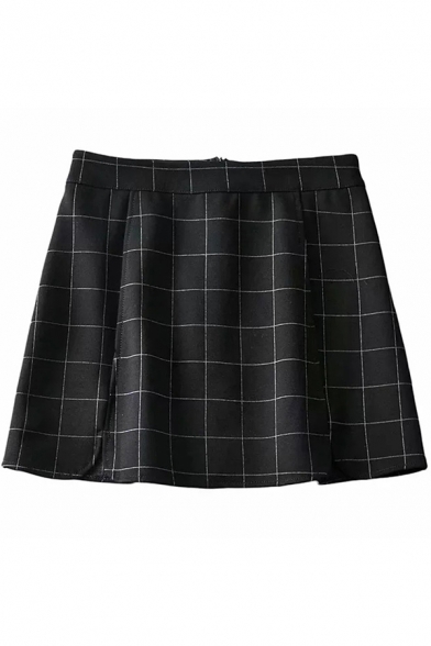 Unique Women's Skirt Plaid Pattern Slit Invisible Zip Mid Waist Mini Skirt