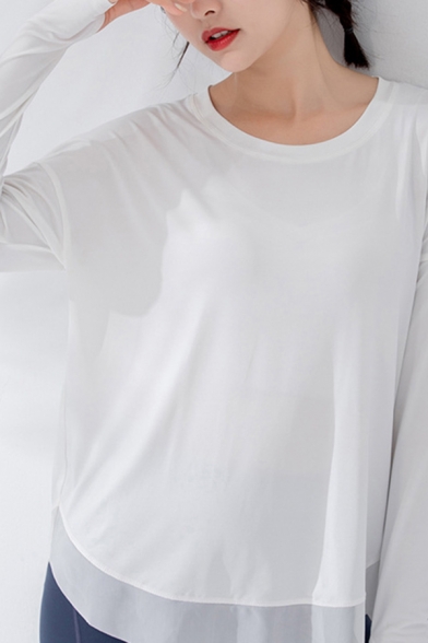 Unique Womens Yoga T-Shirt Plain Color Drop Shoulder Quick Dry Relaxed Fit Long Sleeve Crew Neck Tee Shirt
