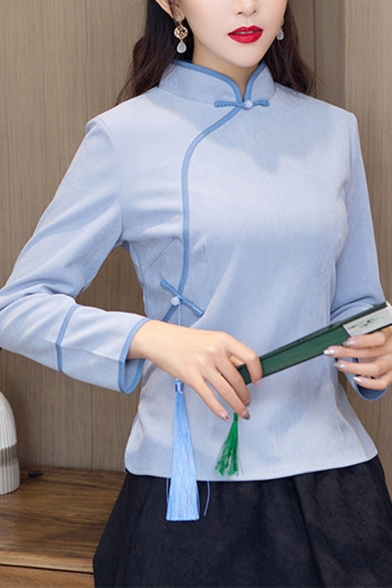 Womens Basic Pullover Shirt Tassel Design Long Sleeve Mandarin Collar Slim Modified Cheongsam-Top
