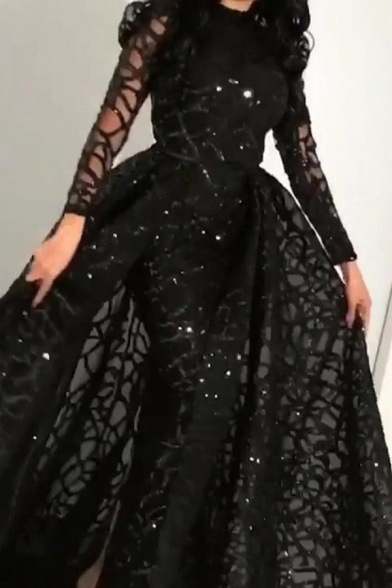 Womens Fashionable Dress Black See-through Mesh Long Sleeve Crew Neck Maxi A-line Cocotail Dress