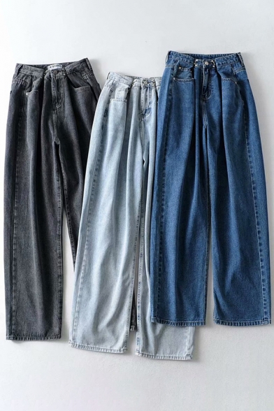 Womens Stylish Jeans Solid Color High Rise Long Length Wide-leg Jeans
