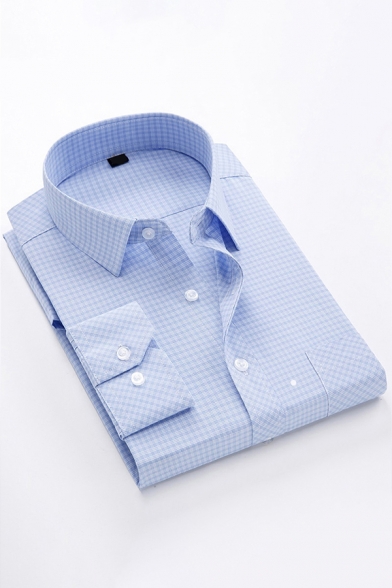Work Mens Shirt Top Plaid Stripe Pattern Long Sleeve Turn Down Collar Button Up Slim Fit Shirt Top