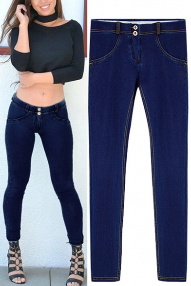 Basic Jeans Creative Peach Butt Stretch Low Waist Zipper Fly 7/8 Length Pencil Jeans in Dark Blue