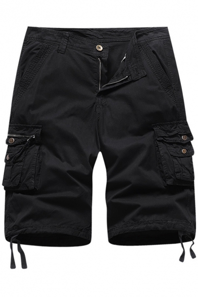 Basic Shorts Creative Solid Color Flap Pockets Drawstring-Cuff Zipper Fly Loose Fit Half Length Straight Cargo Shorts