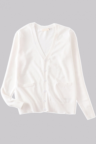 Basic Women's Cardigan Solid Color Ribbed Trim Button-down Front Pocket Long Sleeve Fitted Cardigan