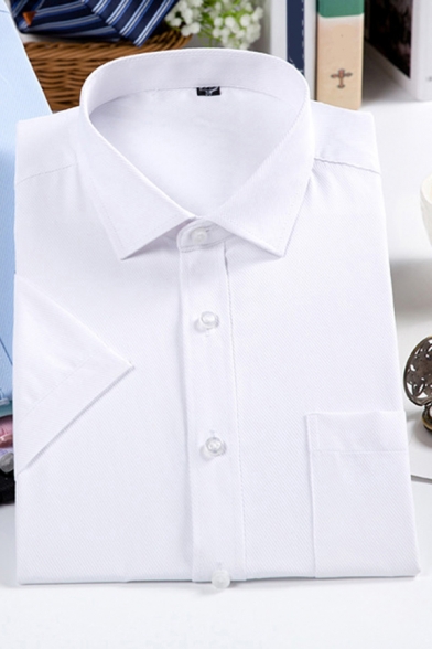 Business Mens Shirt Solid Color Chest Pocket Single Breasted Long Sleeve Fitted Spread Collar Shirt