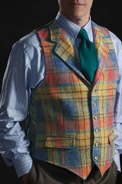 Casual Mens Vest Plaid Patterned Notched Collar Button Up Slit Fitted Blazer Vest in Yellow