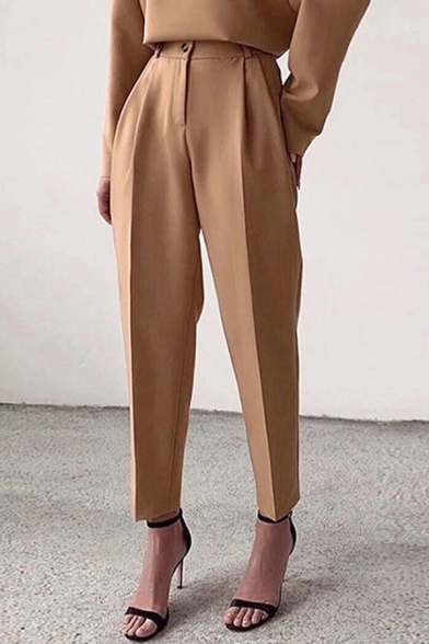 Chic Womens Pants Plain Color Pleated Detail Zipper Fly High Rise 7/8 Length Regular Fit Tailored Pants