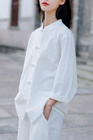 Chinese Style Womens Shirt Long Sleeve Mandarin Collar Frog Button Solid Loose Fit Shirt