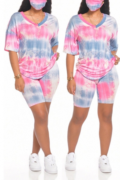 Cool Womens Co-ords Tie Dye Galaxy Pattern Half Sleeve V Neck T-Shirt Slim Fitted Shorts Set