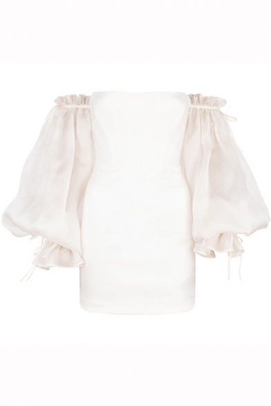 Fancy Women's Blouse Shirt Solid Color off the Shoulder Long Bishop Sleeve Mini Blouse Dress