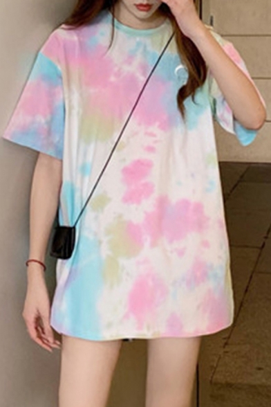 Fancy Women's T-Shirt Tie Dye Print Crew Neck Short Sleeve Relaxed Fitted Tee Top