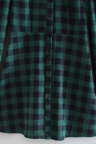 Fashion Womens Dress Plaid Print Long Sleeve Point Collar Button Up Short A-line Shirt Dress in Green