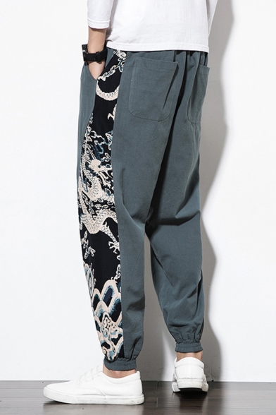 Fashionable Men's Pants Contrast Panel Dragon Print Side Pocket Drawstring Waist Banded Cuffs Ankle Length Pants